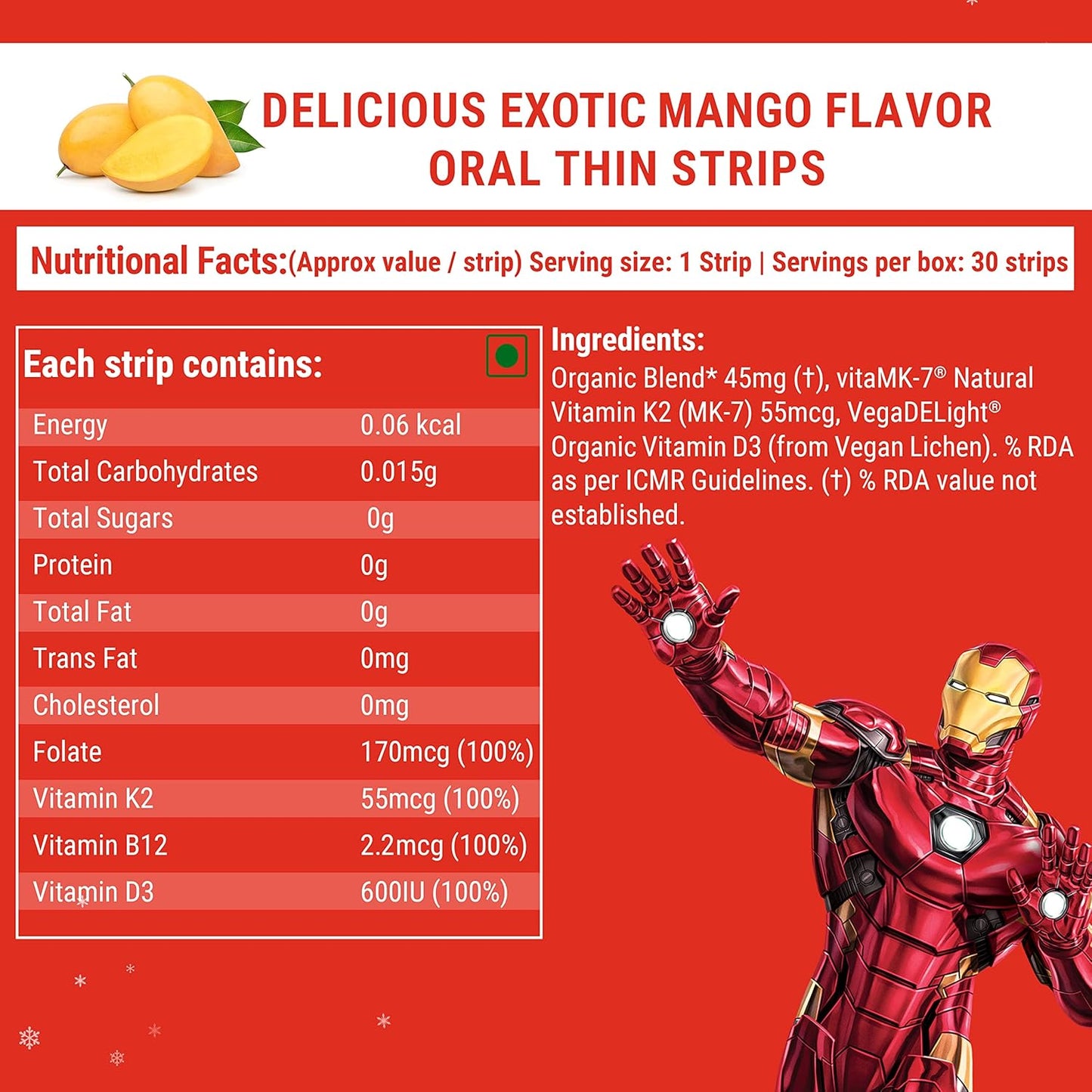 Wellbeing Nutrition Marvel Iron Man Melts | Vitamin B12, D3 & K2 for Kids (6+) | Supports Bone & Muscle Health, Cognitive Development & Energy, Heart Health | Exotic Mango Flavor (30 Oral Strips)