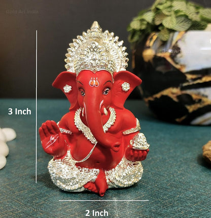 Gold Art India 999 Silver Plated Ganesh Idol for Car Dashboard God Ganesha Idol for Home Decor Ganpati for Gift 3.5 inches (Silver) (MukutSilver red), Idol