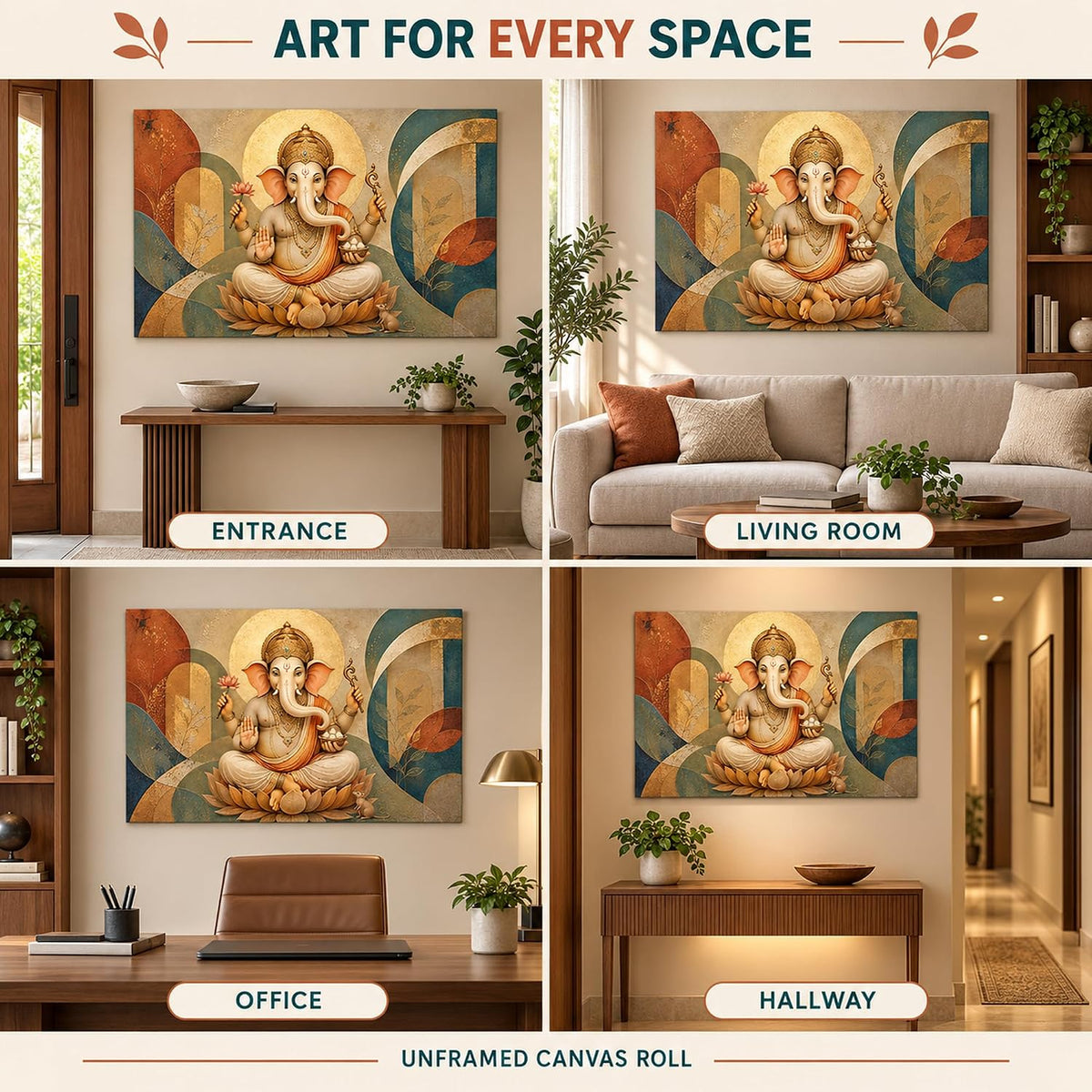 Ganpati Sacred Balance UNFRAMED 36 x 24 Inch Canvas Painting roll, Modern Lord Ganesha Vastu Wall Art, Peaceful Digital Painting for Home, Living Room, Bedroom, Office, Hotels, Artwork for Gifting