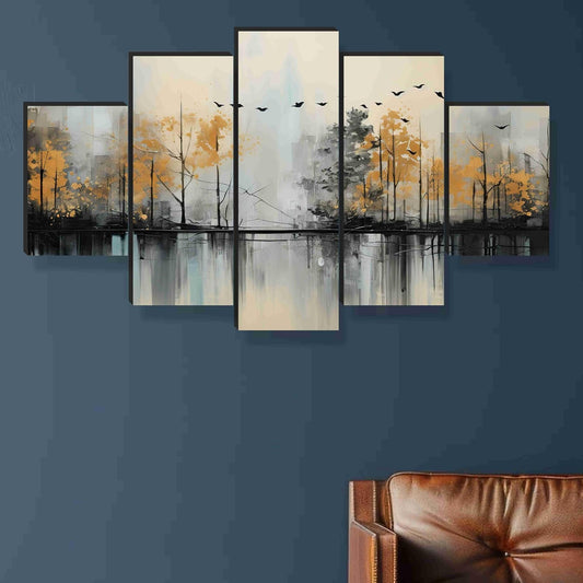 Nature Paintings for Wall Decoration - Set Of Five, 3d Scenery Vastu Painting for Living Room Large Size with Frames for Home Decoration, Hotel, Office 76.2 cm x 45 cm SANFPNLS35475