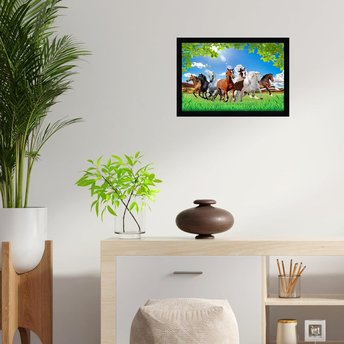 Runing Seven Horses Painting With Frame 13 Inches X 10 Inches (Style 9)