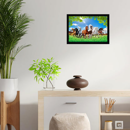 Runing Seven Horses Painting With Frame 13 Inches X 10 Inches (Style 9)