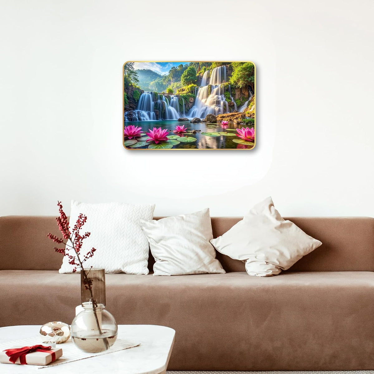 Lotus Waterfall Wall Painting for Living Room | Vastu Positive Energy Wall Decor | Premium UV Printed Nature Scenery Artwork for Home, Bedroom, Office Decoration | Waterproof & Fade Resistant Ready to Hang (Style-04, 12x18 inch)