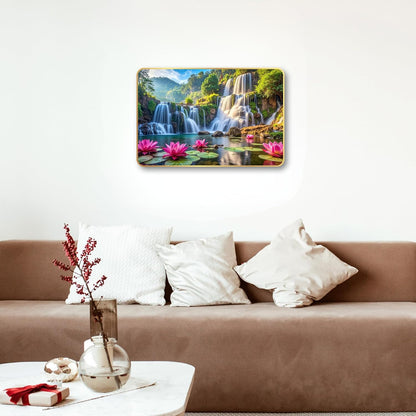 Lotus Waterfall Wall Painting for Living Room | Vastu Positive Energy Wall Decor | Premium UV Printed Nature Scenery Artwork for Home, Bedroom, Office Decoration | Waterproof & Fade Resistant Ready to Hang (Style-04, 12x18 inch)