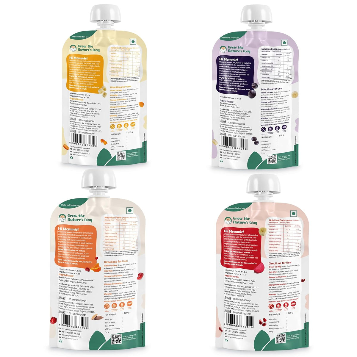 Li'l Sprouts FruGies Veggie Lover Combo Pack | Baby Food Puree | 4 Flavours | 6 Months+| Ready-to-Eat | Infant Travel Food | Pack of 4, 100g each | All Natural, No Salt, No Sugar and No Preservatives | Packed with Nutrients