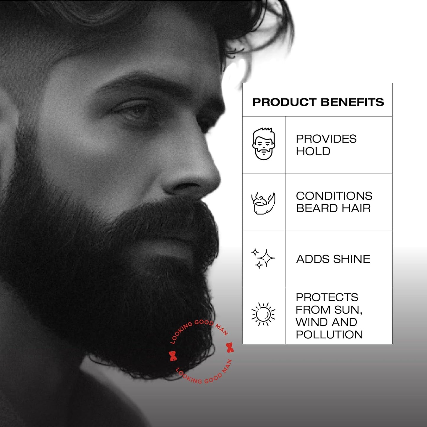 Man with a beard and product benefits listed on a white background