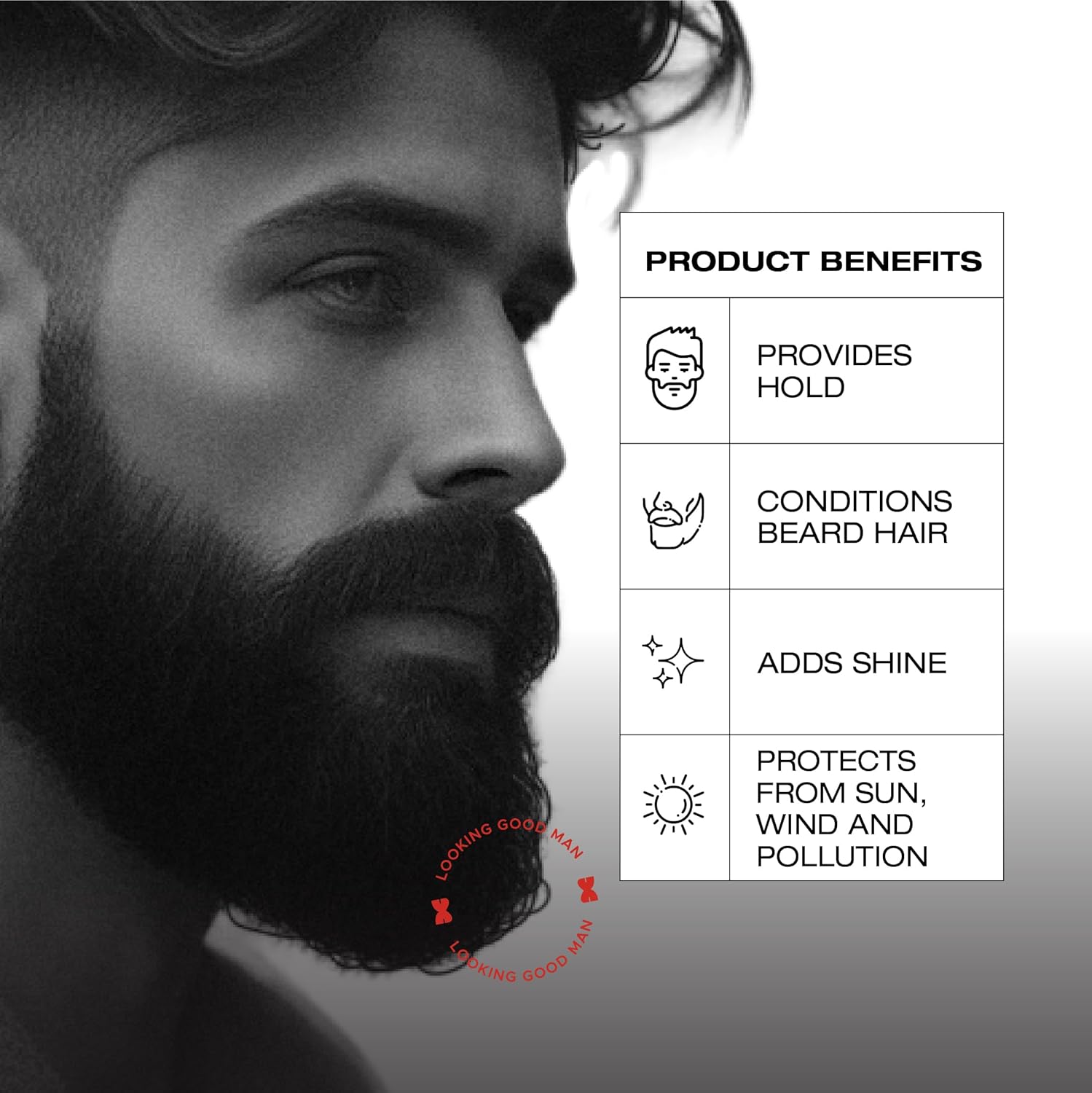 Man with a beard and product benefits listed on a white background