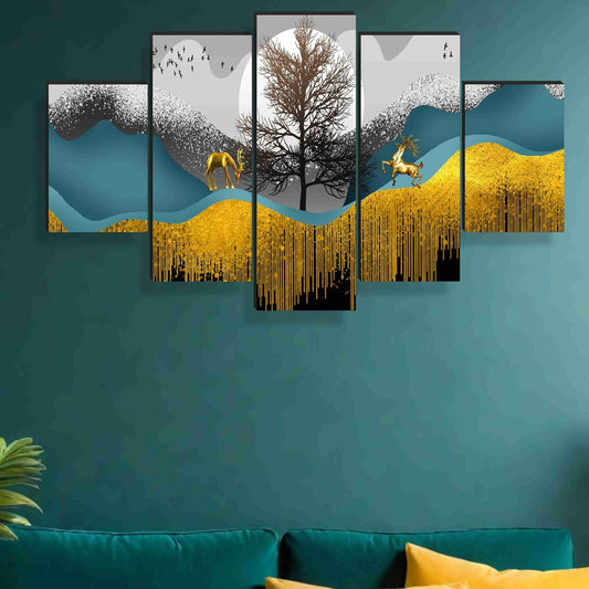Deer Paintings for Wall Decoration - Set Of Five, 3d Scenery Vastu Painting for Living Room Large Size with Frames for Home Decoration, Hotel, Office 76.2 cm x 45 cm SANFPNLS35462
