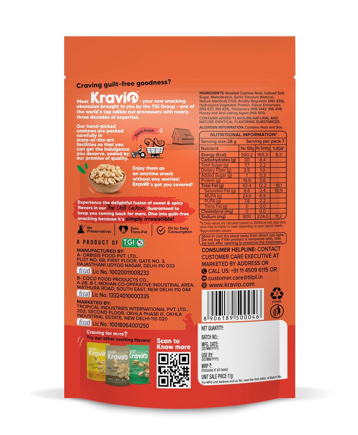 Kravio Premium Thai Chilli Roasted Cashew Nuts | Spicy Crunch - 200g