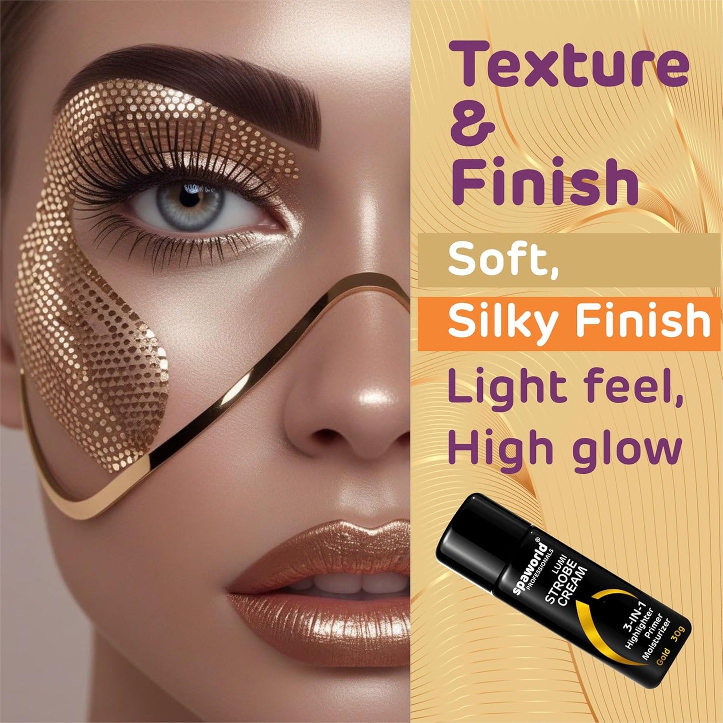Close-up of a woman's face with a beauty product and text highlighting texture and finish.