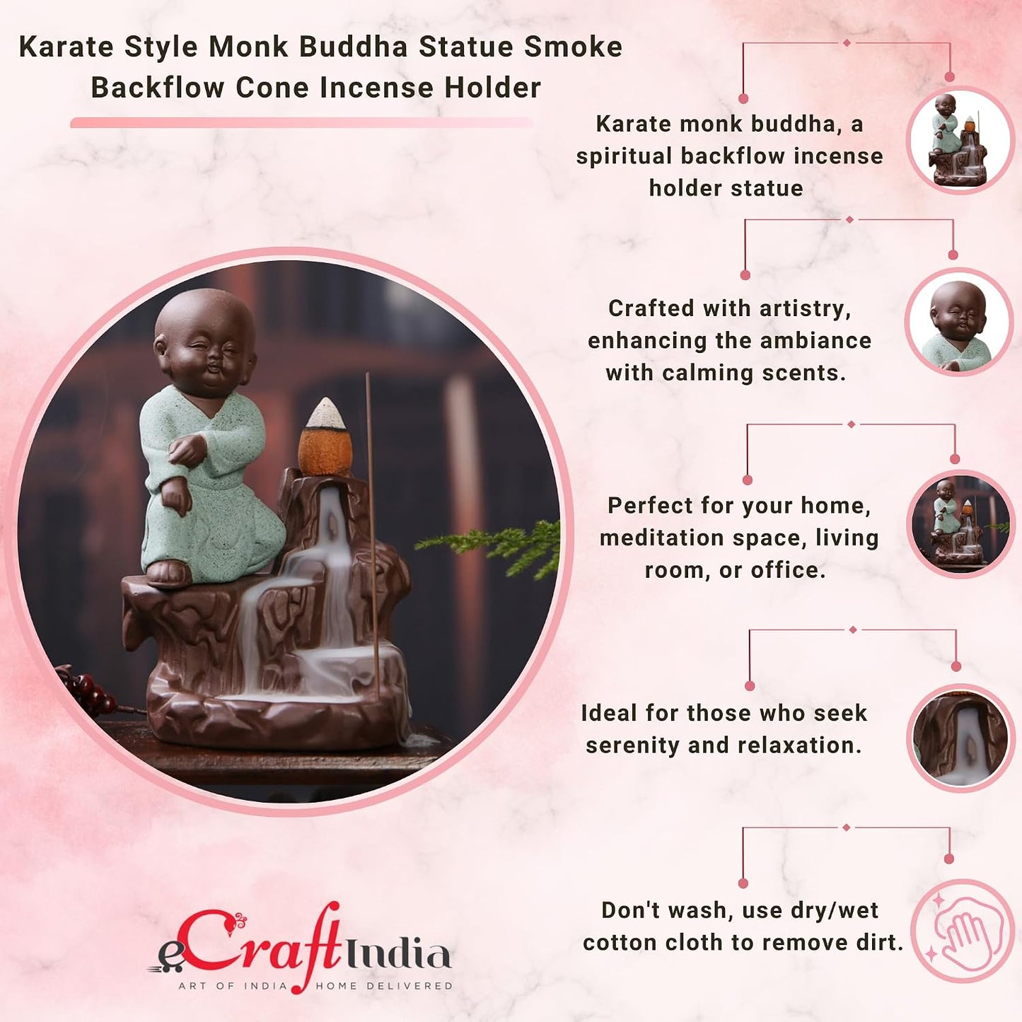 eCraftIndia Polyresin Karate Style Monk Buddha Smoke Backflow Cone Incense Holder (7.01 cm x 7.01 cm x 11.98 cm, Green)