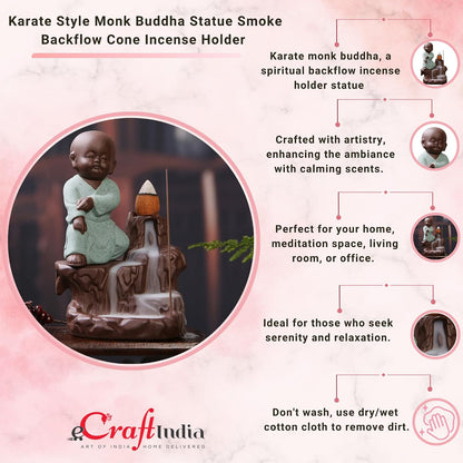 eCraftIndia Polyresin Karate Style Monk Buddha Smoke Backflow Cone Incense Holder (7.01 cm x 7.01 cm x 11.98 cm, Green)