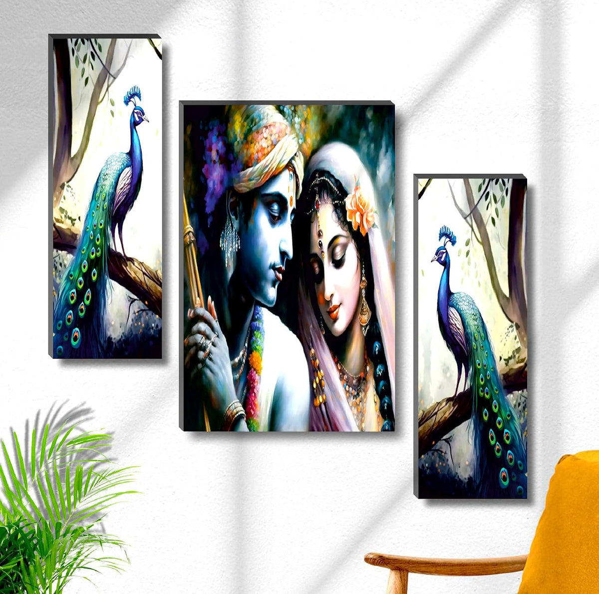 Radha Krishna Serenity & Forest Peacock Wall Art – 3-Panel UV-Printed Spiritual Décor | Ready-to-Hang Triptych for Living Room, Bedroom & Pooja (20 Inch x 12 Inch) JM-35291