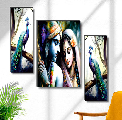 Radha Krishna Serenity & Forest Peacock Wall Art – 3-Panel UV-Printed Spiritual Décor | Ready-to-Hang Triptych for Living Room, Bedroom & Pooja (20 Inch x 12 Inch) JM-35291