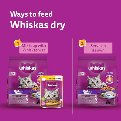 Whiskas Adult (1+ Years) Dry Cat Food, Mackerel Flavour, 480 g, Contains 41 Essential Nutrients, Complete & Balanced Nutrition for Adult Cats