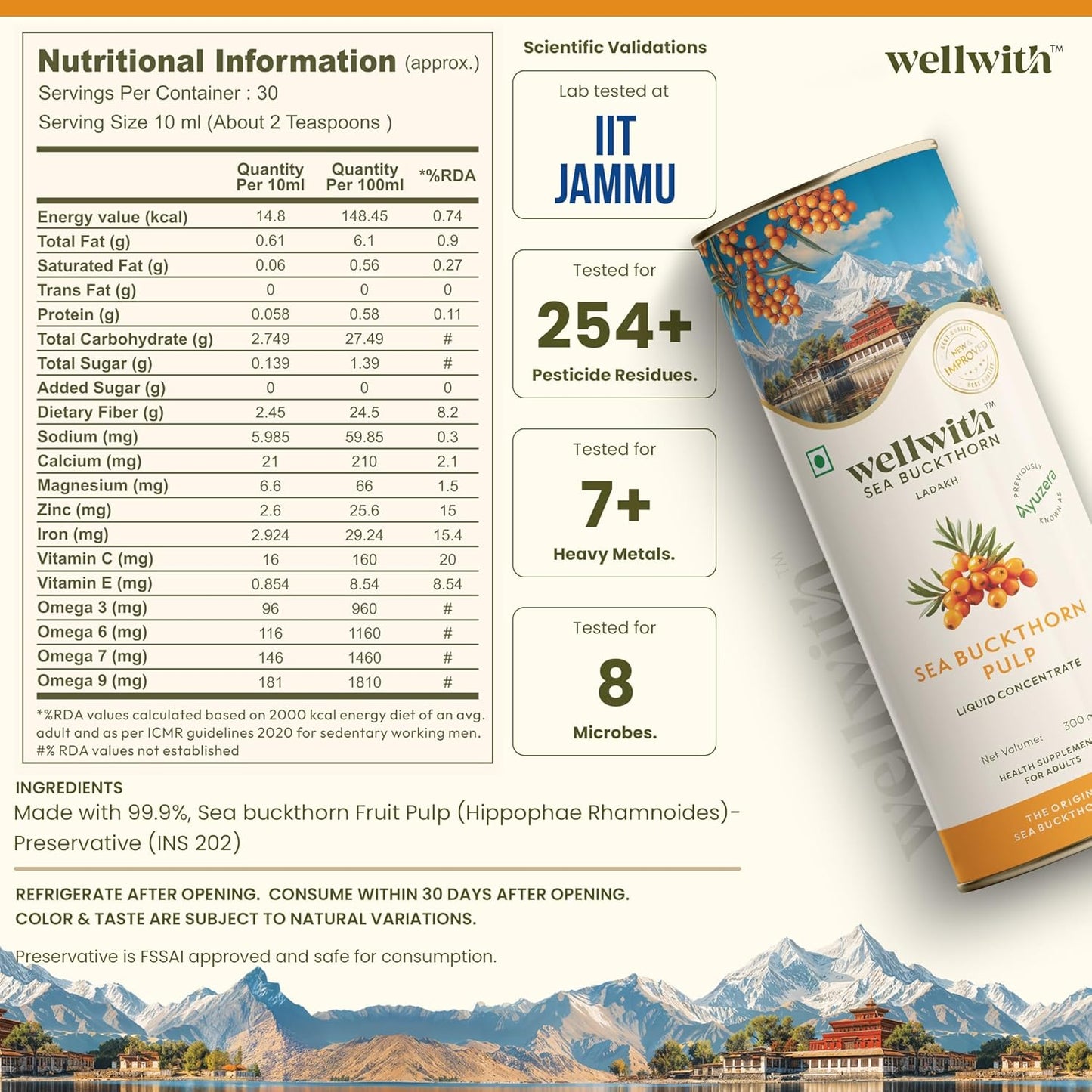 Ayuzera (Wellwith) Himalayan Sea Buckthorn Pulp Concentrate 300ml | Cold-Pressed | Makes 50 Glasses | Natural Vitamin C, Omega 3 6 7 9, Antioxidants | Immunity, Skin Glow & Gut Health Support | Juice Seabuckthorn
