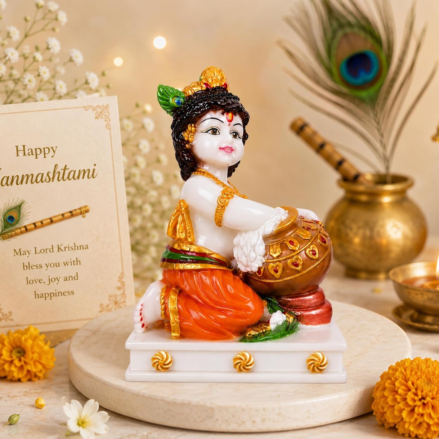 UNOVATE Krishna Makhan Chor Statue | Home Temple | Janmastmi | White Marble