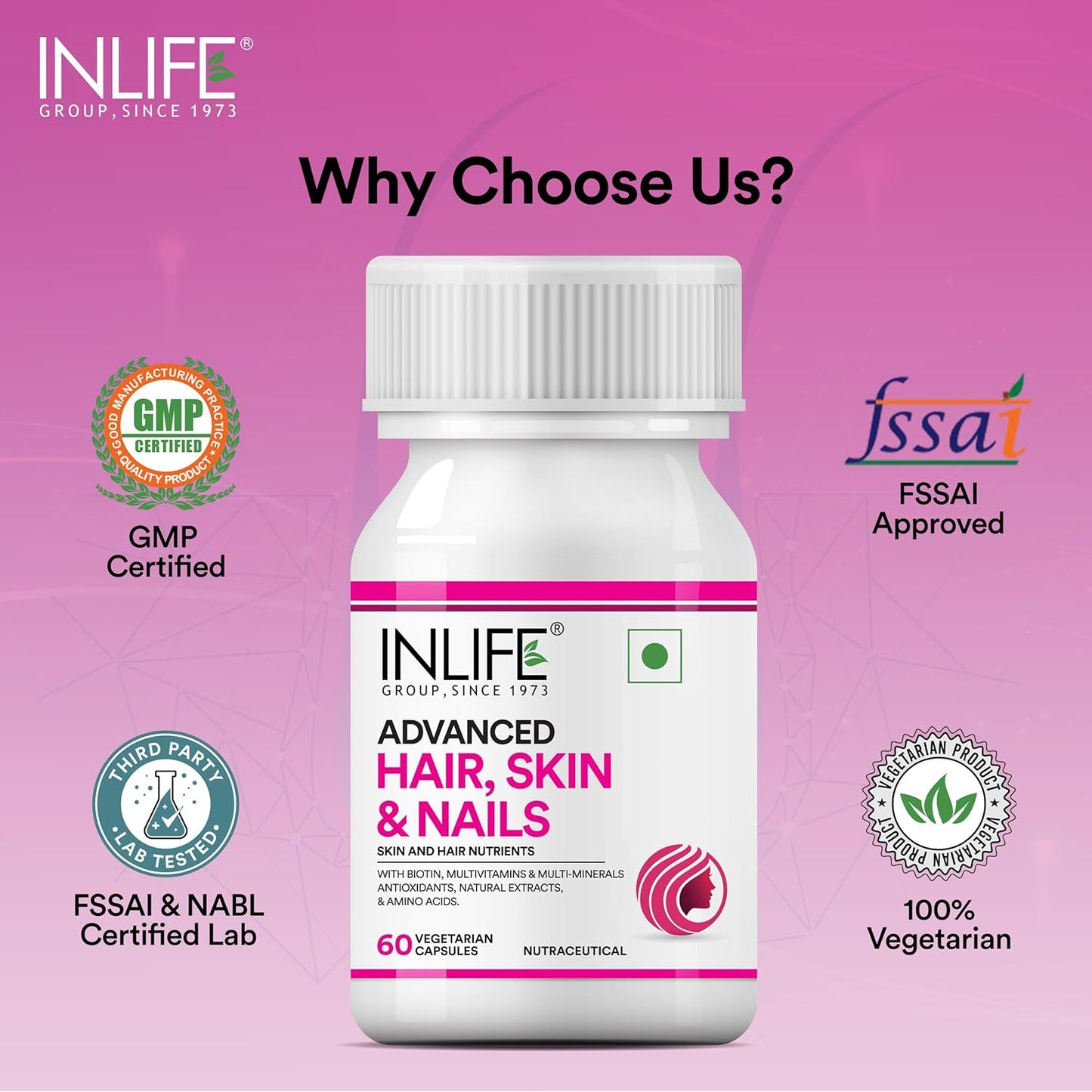 INLIFE Advanced Hair Skin & Nails Supplement with Biotin, Multivitamin Minerals, Amino Acids for Hair Care - 60 Vegetarian Capsules