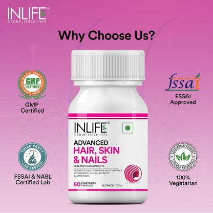 INLIFE Advanced Hair Skin & Nails Supplement with Biotin, Multivitamin Minerals, Amino Acids for Hair Care - 60 Vegetarian Capsules