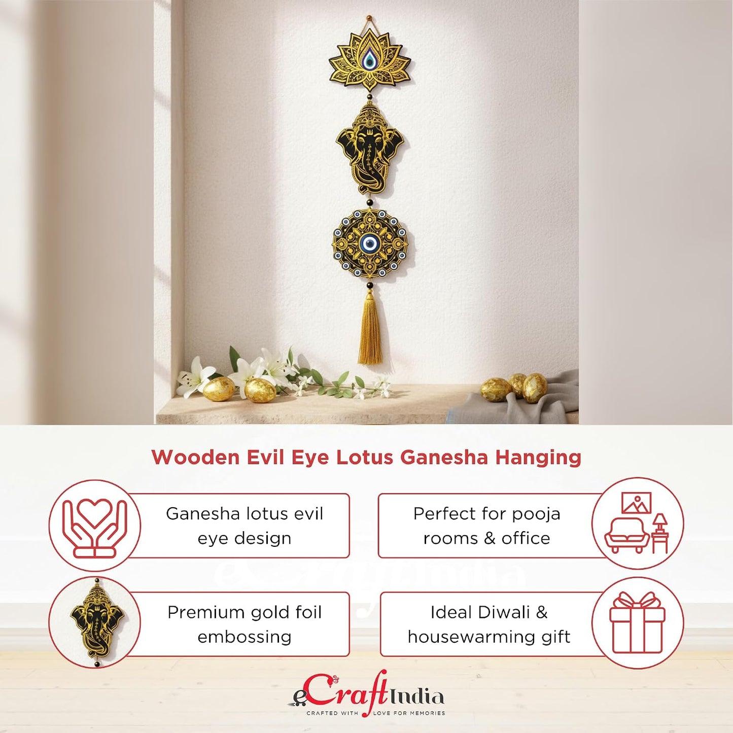 eCraftIndia Gold Foil Embossed Wooden Evil Eye Lotus Ganesha Wall Hanging for Home Office