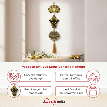 eCraftIndia Gold Foil Embossed Wooden Evil Eye Lotus Ganesha Wall Hanging for Home Office
