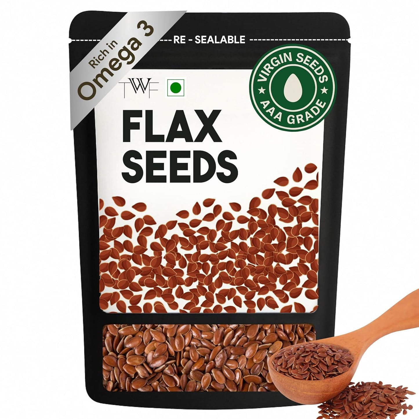 TWF Virgin Flax Seeds | AAA Grade Seeds for Eating | Rich In Protein & Dietary Fibre | Supports Weight Loss | Alsi Seeds | No Artificial Additives or Harmful Pesticides | Resealable Pack | Diet Snack | Unroasted | Unsalted | Highest Natural Potency