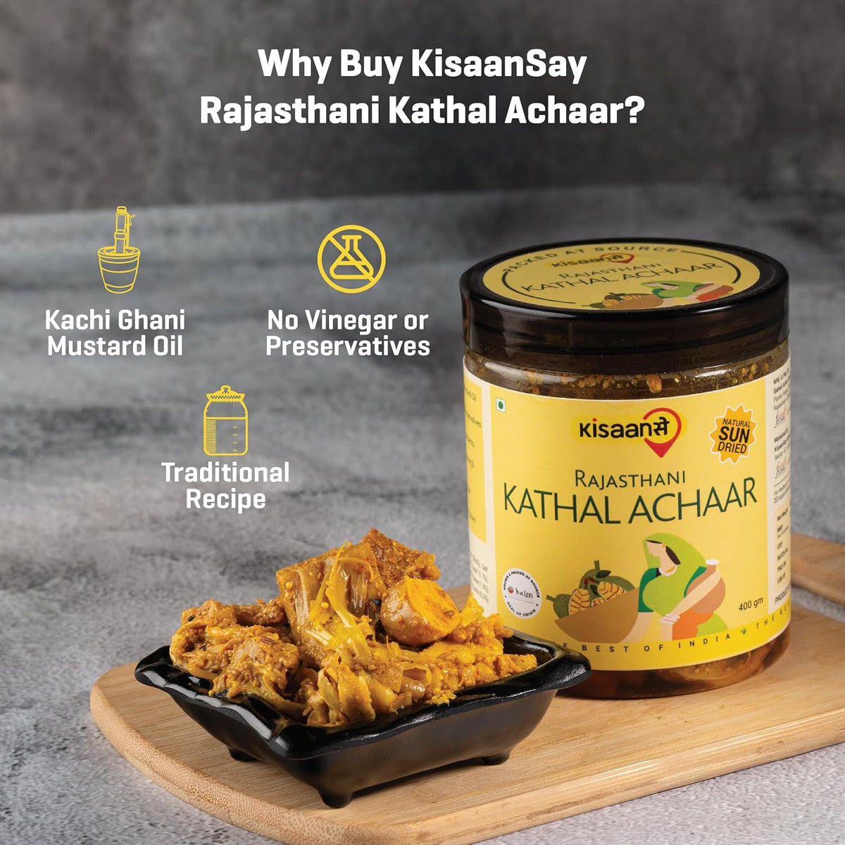 KisaanSay Jackfruit Pickle| Katahal ka Achar | Kathal achaar | 400 GM | Traditional Spicy & Tangy | No Preservatives, No Vinegar | Made in Pure Mustard Oil | Sun-Dried | Homemade Taste | Plastic Jar | No Onion & No Garlic | hodale | palapazham