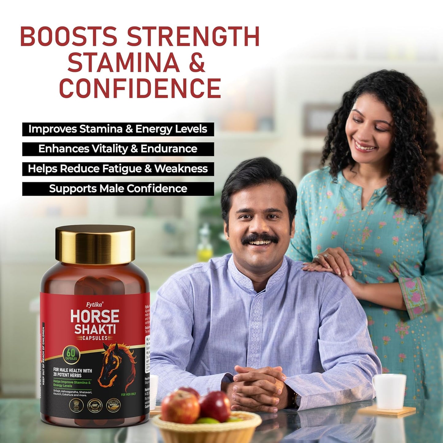 Horse Shakti supplement bottle with a man and woman in a home setting, highlighting product benefits.