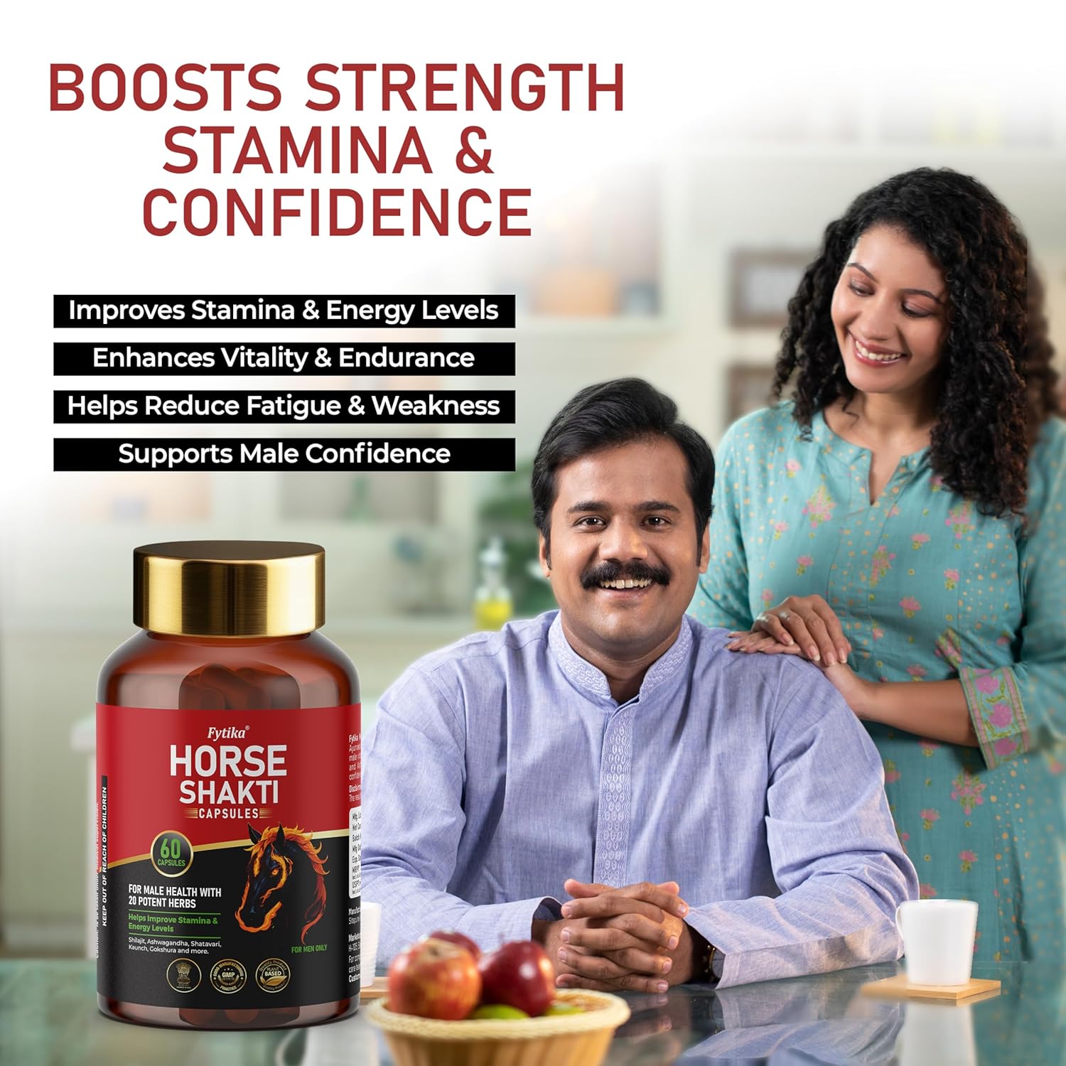 Horse Shakti supplement bottle with a man and woman in a home setting, highlighting product benefits.