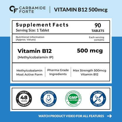 Carbamide Forte Vitamin B12 Supplements | B12 Vitamin Tablets - Methylcobalamin 500mcg | Best Vitamin B-12 Supplement For Men & Women - 90 Tablets