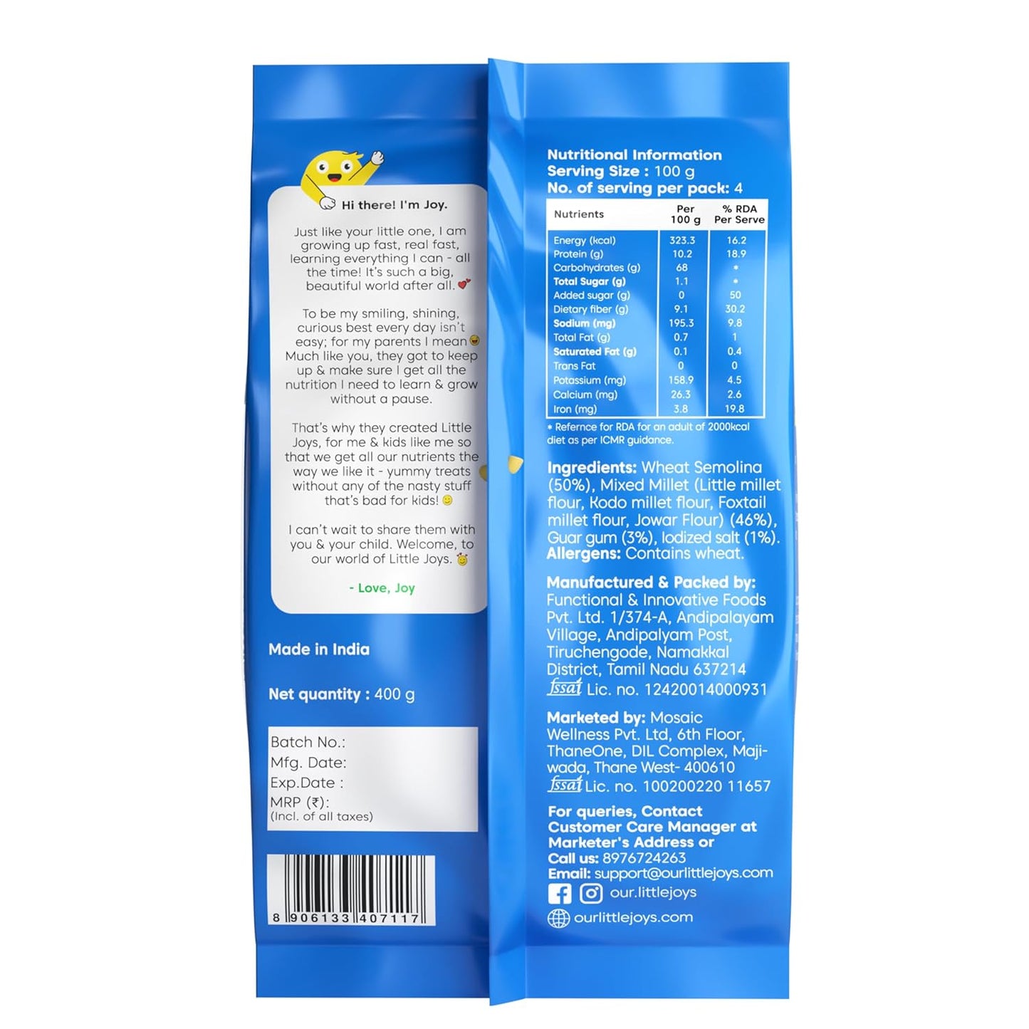 Little Joys No Maida Multi Millet Macaroni Pasta | Zero Trans Fat & 100% Multi Millet | Healthy Pasta made with Moong, Jowar, Wheat, and Bajra | Provides Plenty of Fiber, Vitamin B, and Protein | 400 g
