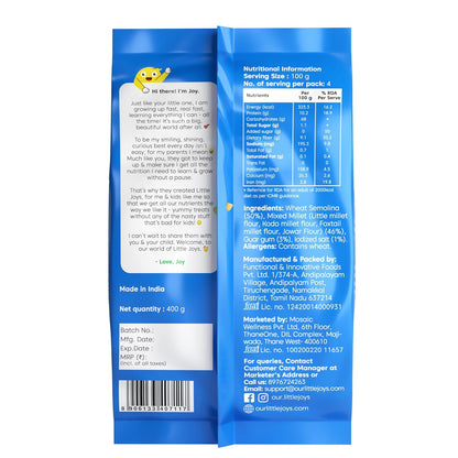 Little Joys No Maida Multi Millet Macaroni Pasta | Zero Trans Fat & 100% Multi Millet | Healthy Pasta made with Moong, Jowar, Wheat, and Bajra | Provides Plenty of Fiber, Vitamin B, and Protein | 400 g
