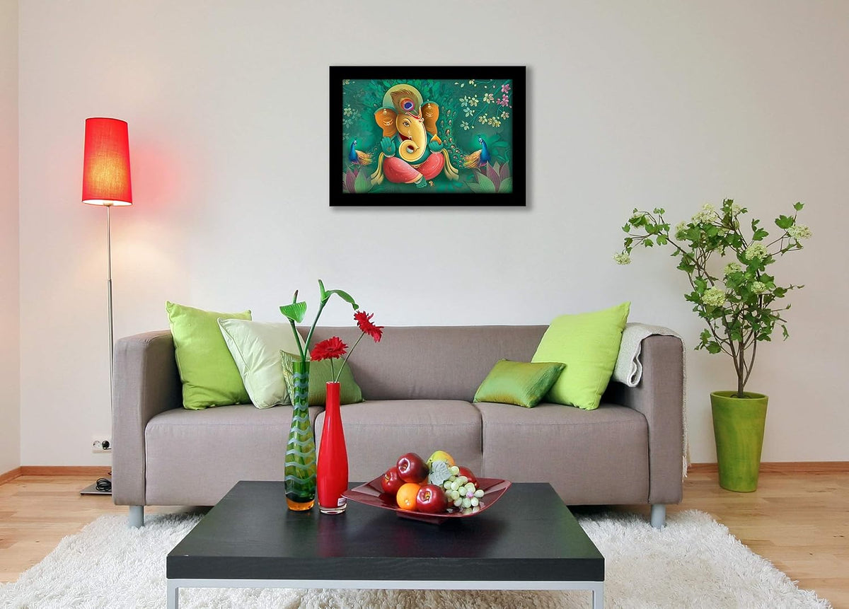 Wood Religious Ganesha Art Framed Ready to Hang Painting (Multicolour, 12inch x 18 inch)