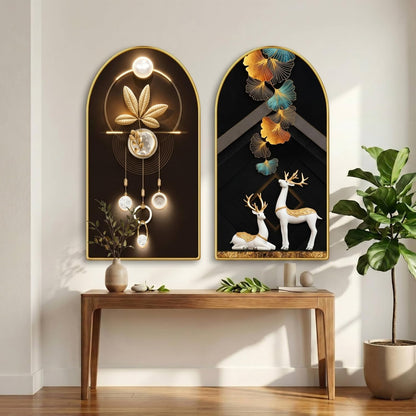 Set of 2 Abstract Wall Painting for Living Room, Deer & Golden Leaf Modern Artwork, PVC Golden Frame, Arch Shape Wall Decor for Bedroom, Hall, Office & Gift (30 x 32 Inch) RPNL-02-110