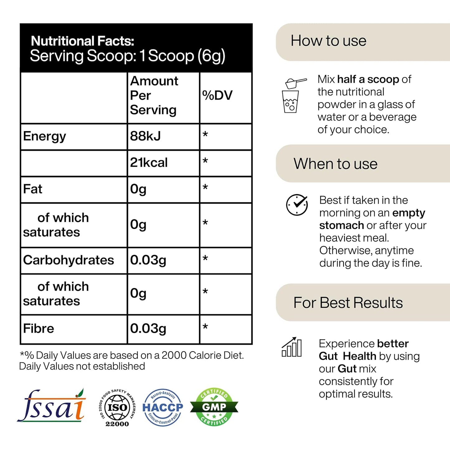 Nutritional facts label and usage instructions for a supplement product.