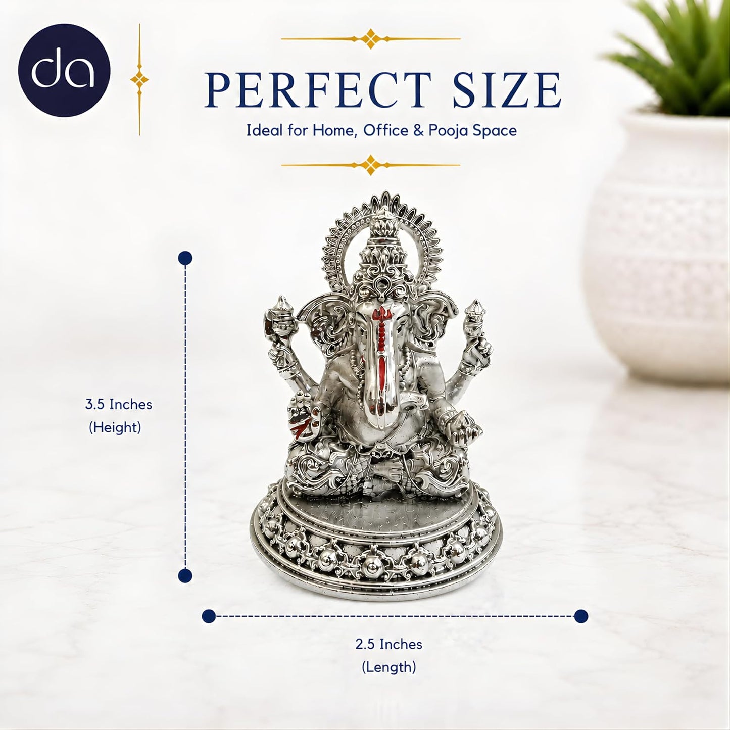 Dev Aastha Silver Plated Four-Armed Ganesh Idol - 3.5 Inch Divine Seated Ganpati Statue with Detailed Halo for Car Dashboard, Pooja Room and Mandir - Auspicious Vastu Home Decor and Spiritual Gift