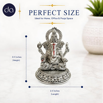 Dev Aastha Silver Plated Four-Armed Ganesh Idol - 3.5 Inch Divine Seated Ganpati Statue with Detailed Halo for Car Dashboard, Pooja Room and Mandir - Auspicious Vastu Home Decor and Spiritual Gift