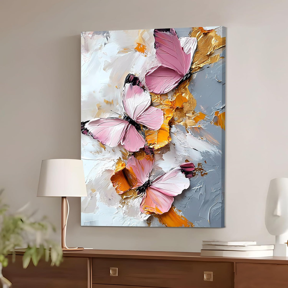 Butterfly Floral Canvas Wall Art Painting For wall decoration | Multicolour Butterfly Stretched Canvas Painting For living room, bedroom, home and Office, 16x22 Inch