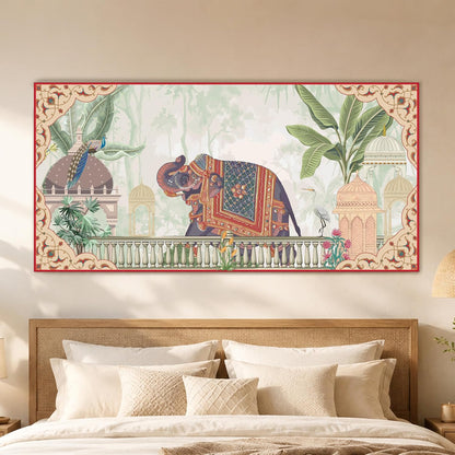 Royal Mughal Garden Elephant Canvas Wall Painting for Living Room, Floral Elephant Vastu Painting Cultural Indian Style, Rajasthani Inspired Artwork for Home & Office 22x46 Inch