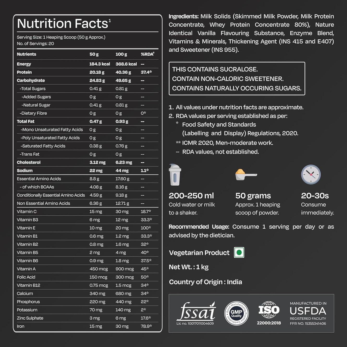 Nutrition facts label for a protein supplement with various details and certifications.