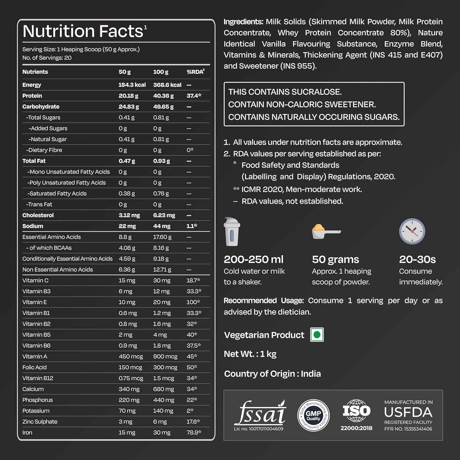Nutrition facts label for a protein supplement with various details and certifications.