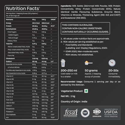 Nutrition facts label for a protein supplement with various details and certifications.