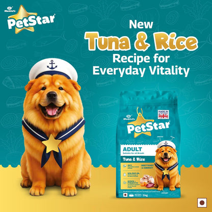 Petstar Adult Dry Dog Food 1 kg, Tuna & Rice Formula, High Protein, Easy Digestion, Immunity Support, No Artificial Flavours or Added Sugar