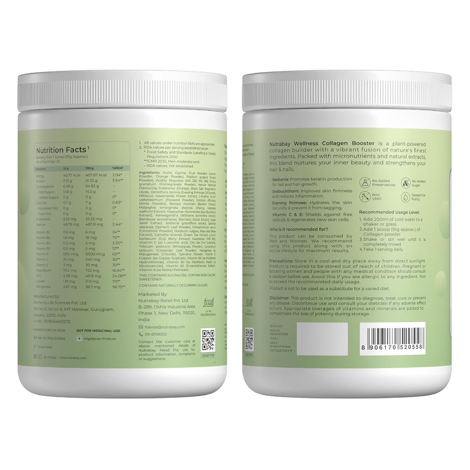 Two containers with green labels on a white background