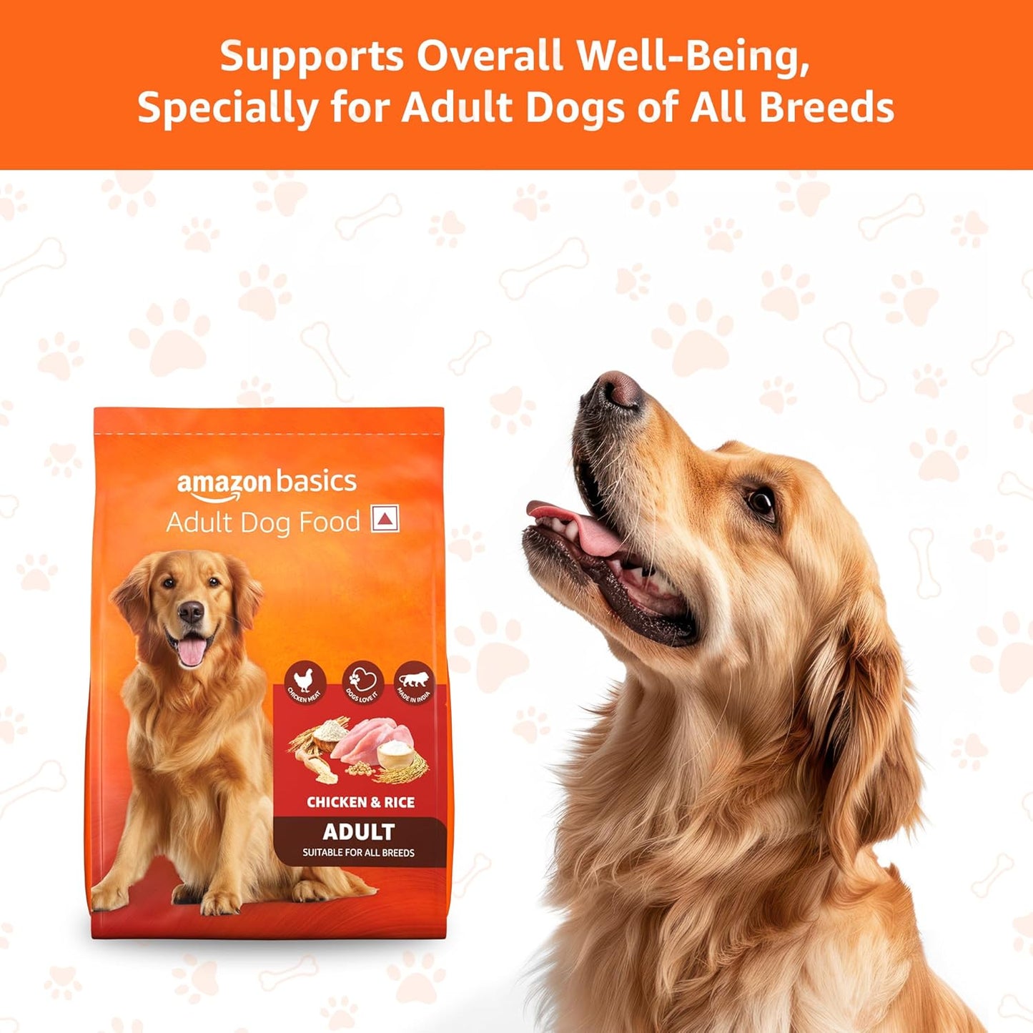 Amazon Basics Dry Dog Food | 1 Kg Trial Pack| Chicken & Rice | with Real Chicken Meat | Kibble for Adult Dogs | Packed with Protein | Suitable for All Breeds