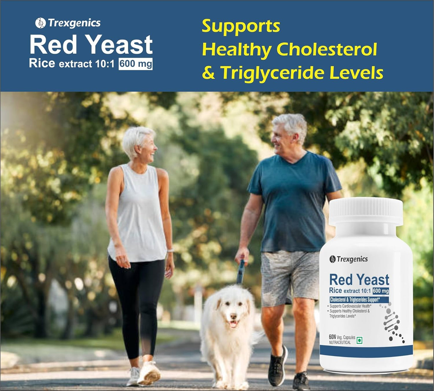 Two people walking a dog with Trexegenics Red Yeast Rice extract supplement in the foreground.
