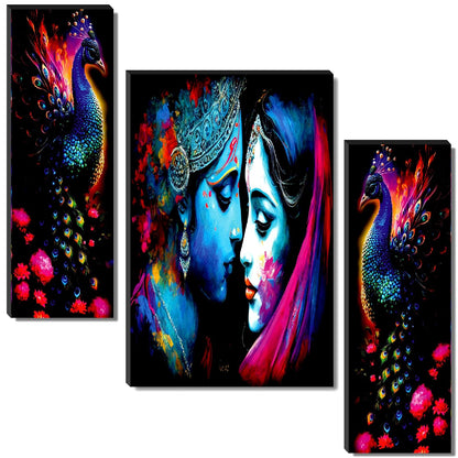 Radha Krishna with Vibrant Peacock Wall Art – 3-Panel UV-Printed Spiritual Triptych | Ready-to-Hang Indian Devotional Décor (20 Inch x 12 Inch) JM-35307