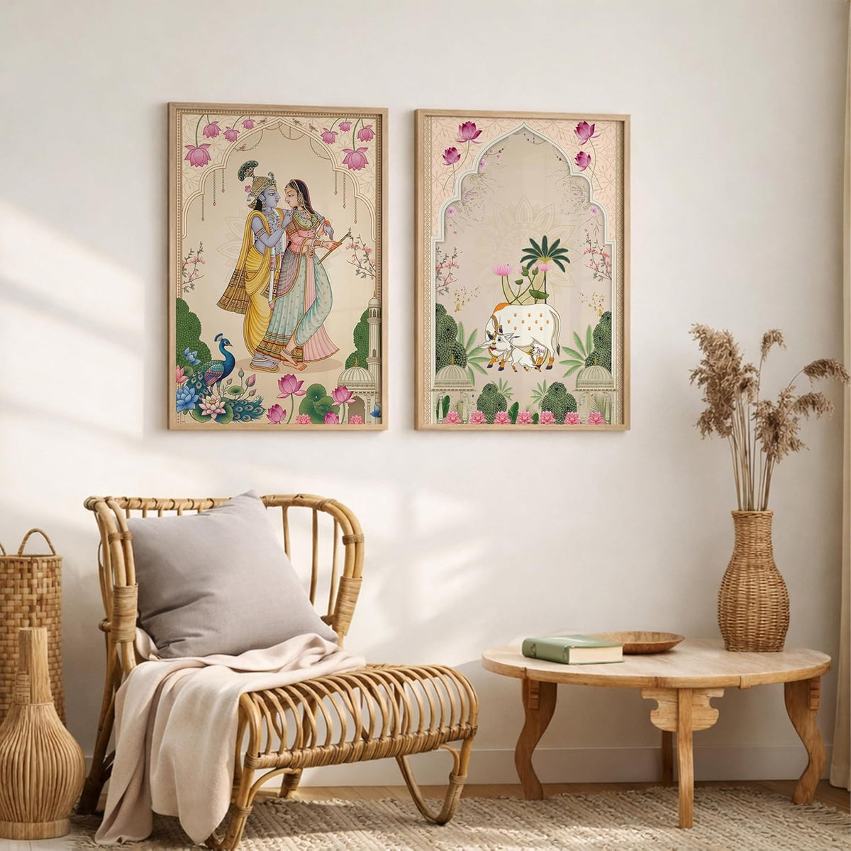 Pichwai Radha Krishna Kamdhenu Cow Wall Art Painting | Set of 2 Framed Paintings | Traditional Indian Decor for Living Room Pooja Room Home | (ART 3, 13x19 INCHES)