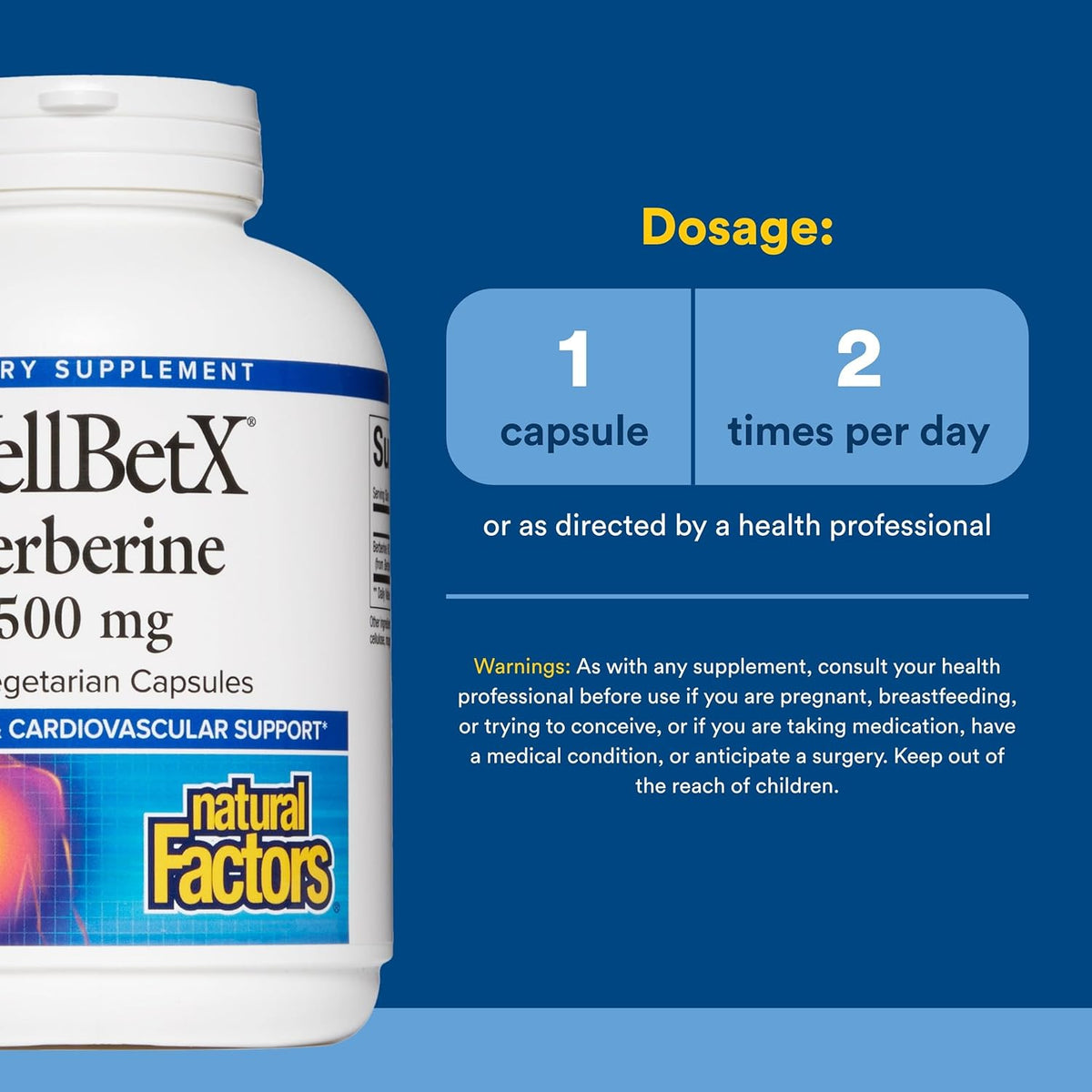 WellBetX berberine supplement bottle with dosage information on a blue background