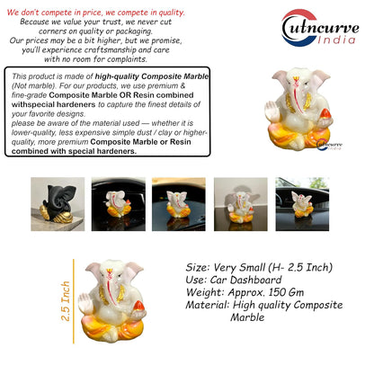 Lord Ganesha Idol for Car Dashboard | Composite Marble Ganesh | Available in White, Golden & Black | Small Sitting Ganpati Murti